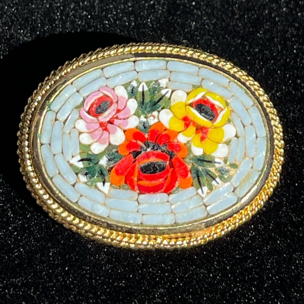 Vintage Gold-Tone Floral Micro Mosaic Oval Brooch